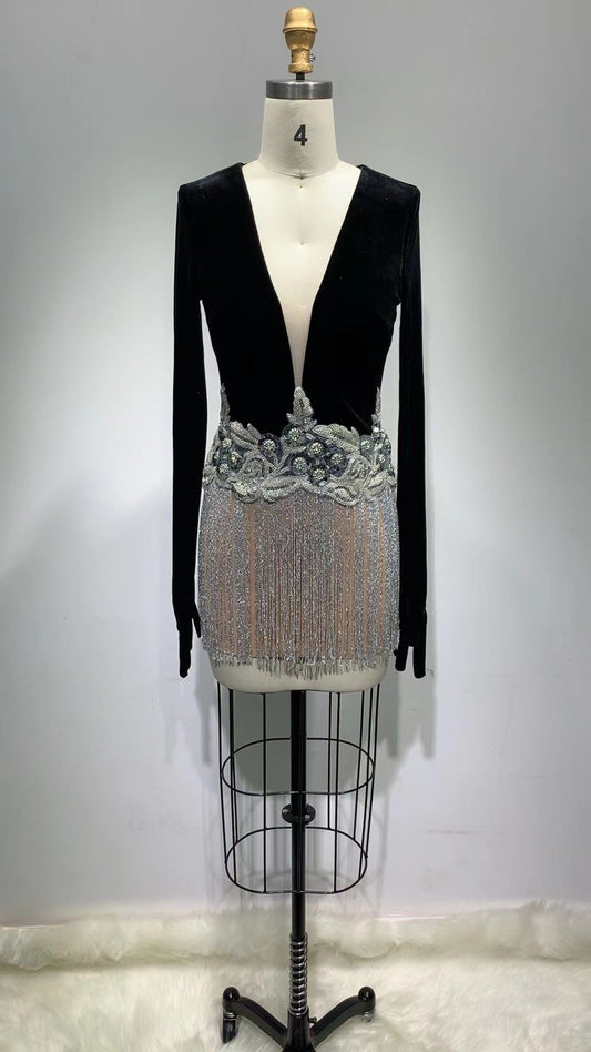 Women's Beaded Sequin Fringe Dress – Sleeveless V-Neck Party Gown