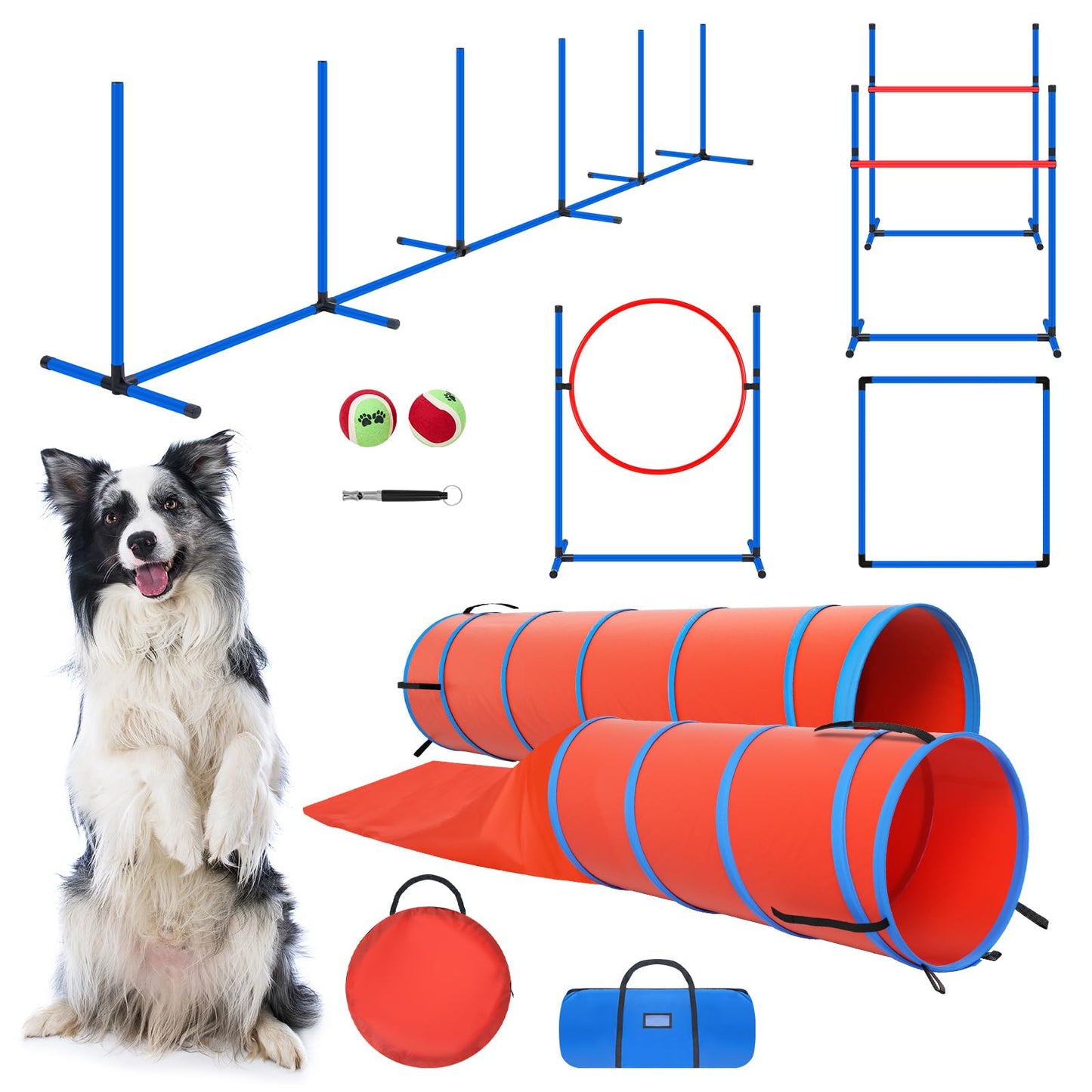 Dog Agility Training Set – 7-Piece Obstacle Course with Tunnel, Hurdles & Weave Poles