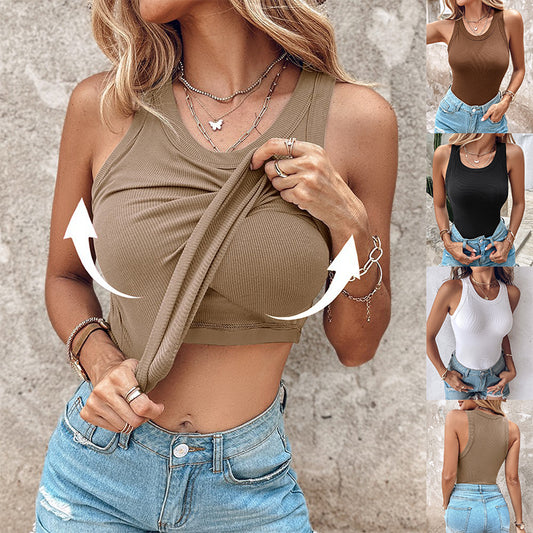 Round Neck Vest with Built-in Bra - Summer Sleeveless Top