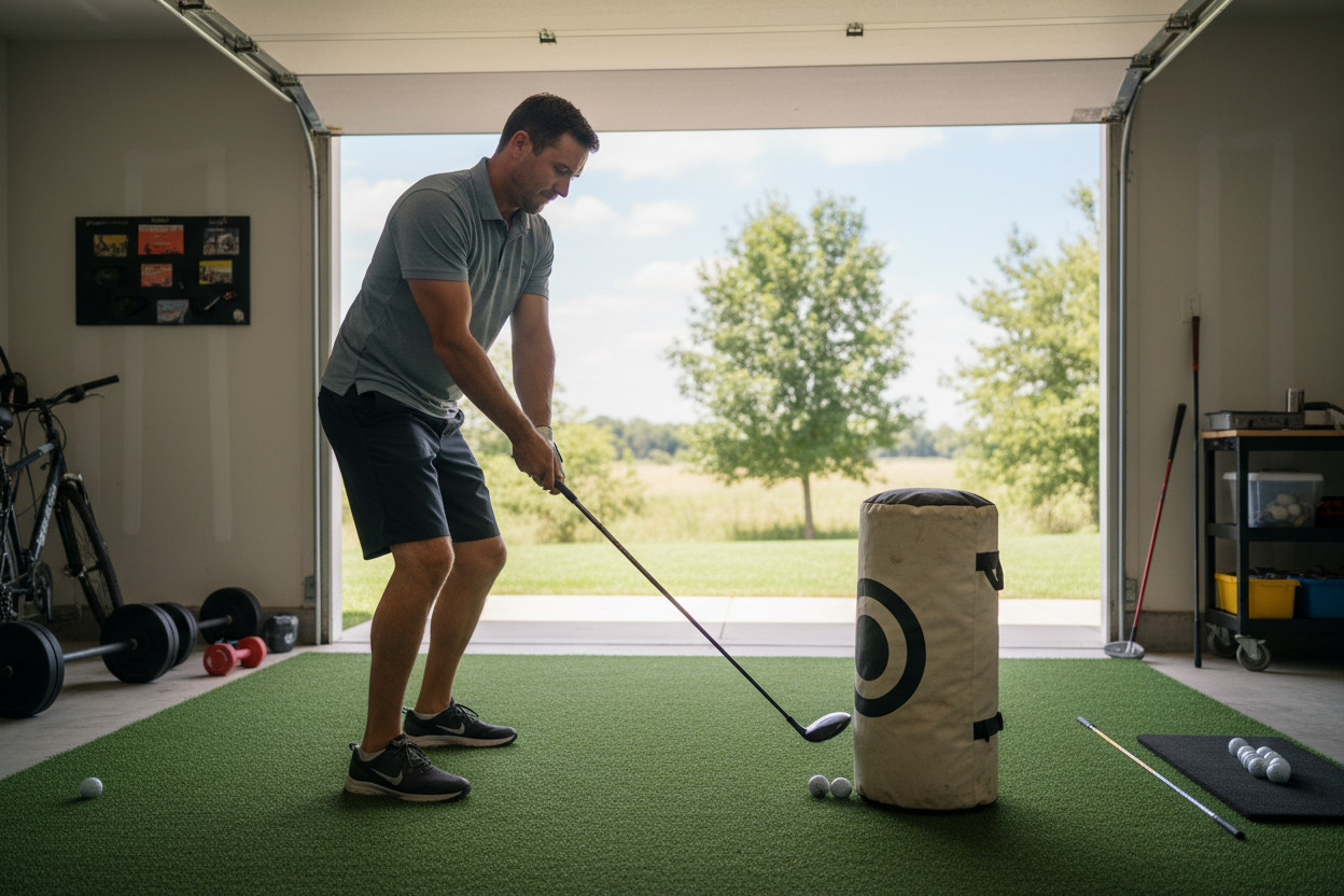 Golfer practicing swing with a training bag at home - indoor golf training setup