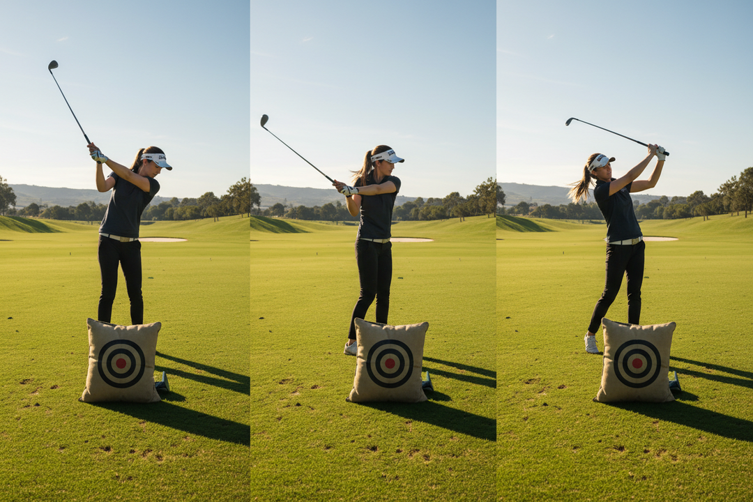 Golfer performing swing training drills with a hitting bag outdoors