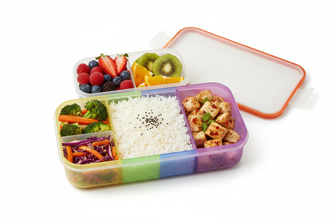 5-compartment bento lunch box with healthy meal prep including rice, vegetables and protein