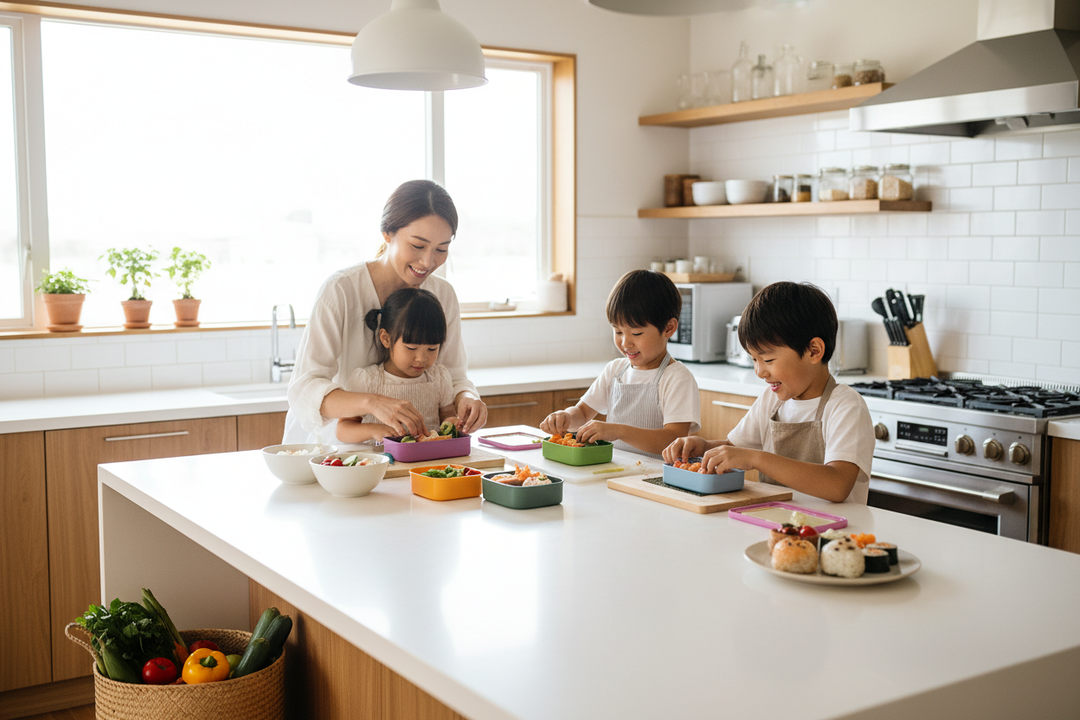 Family preparing healthy bento lunch boxes together in a bright modern kitchen