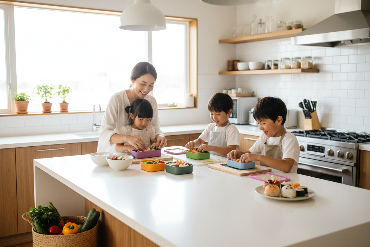 Family preparing healthy bento lunch boxes together in a bright modern kitchen