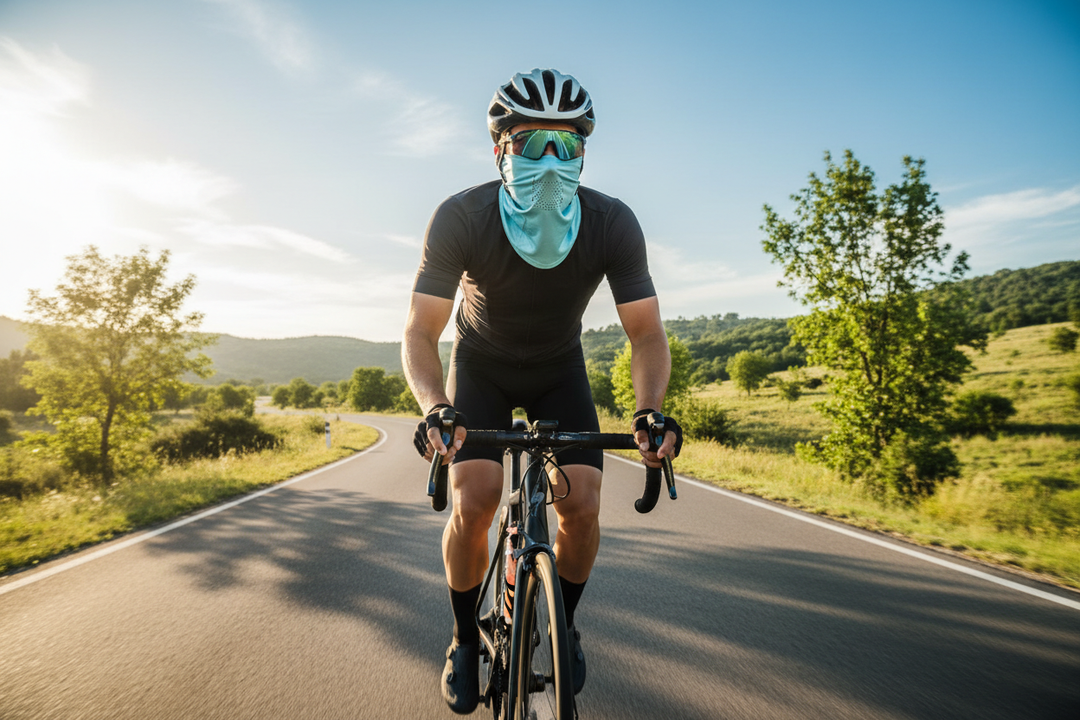 Person wearing ice silk UV protection face mask while cycling outdoors on a sunny summer day