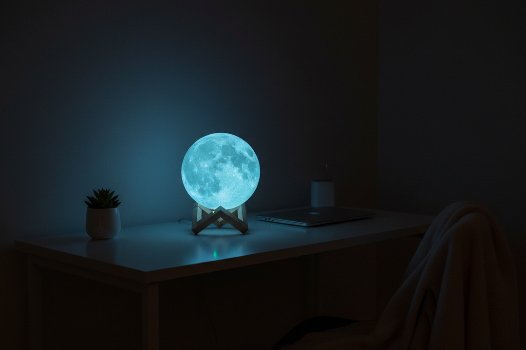 3D LED moon lamp glowing on a nightstand as a perfect gift idea