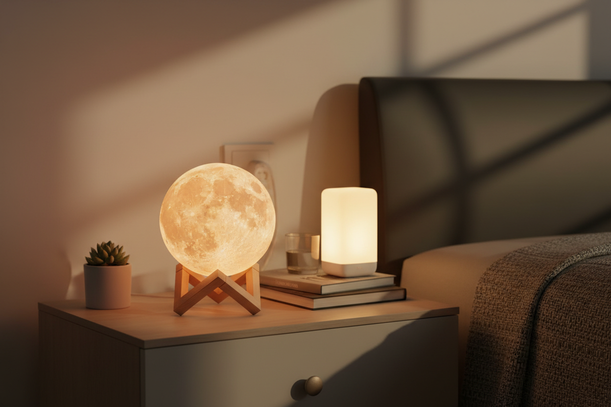 3D moon lamp glowing with soft blue light creating cozy bedroom ambiance