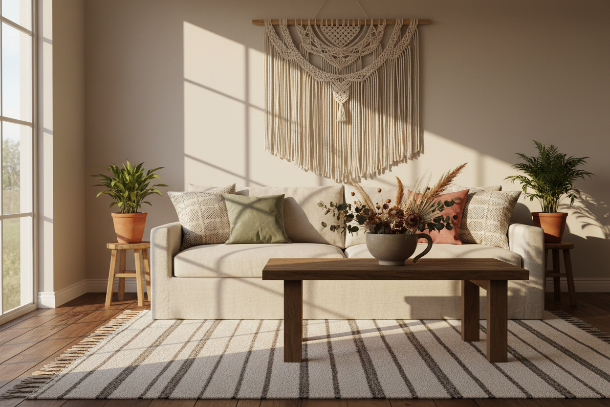 Bohemian home decor - ivory cotton rag rug, macrame wall hanging and Nordic ceramic bowl in a warm living room