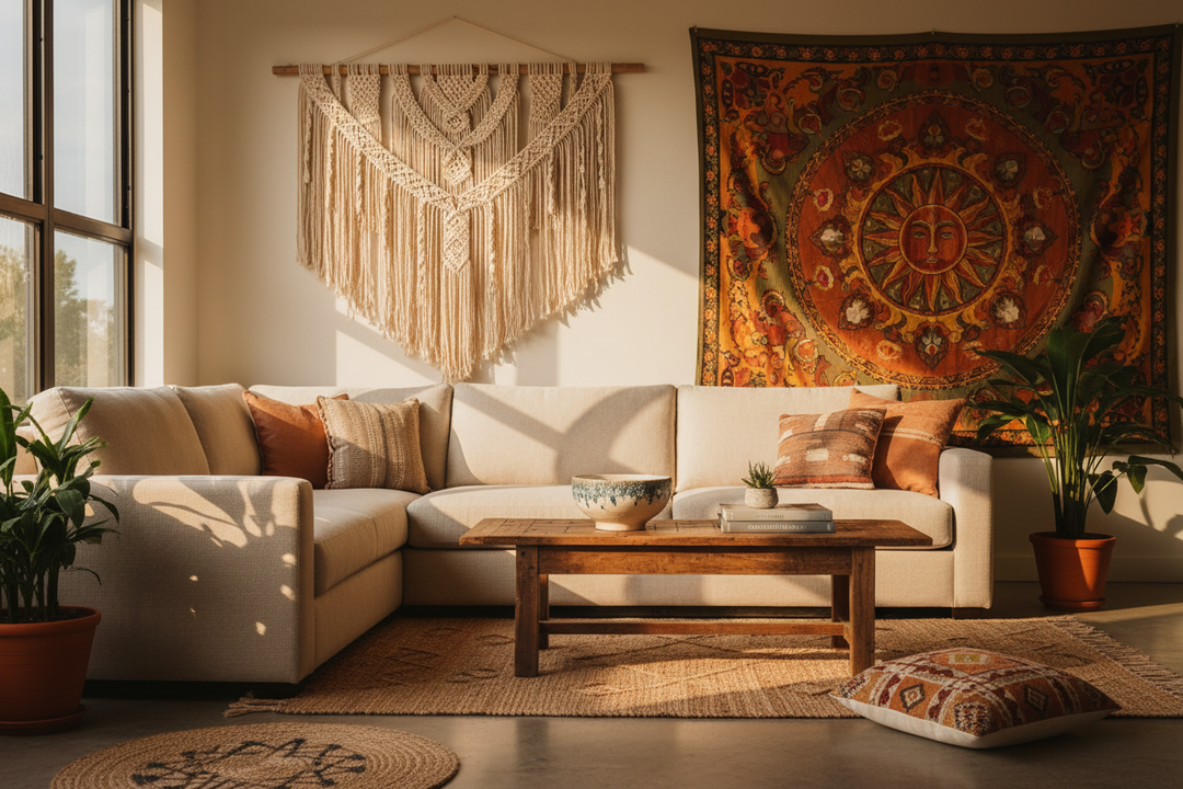 Bohemian home decor - handwoven cotton macrame tapestry wall hanging, bohemian picnic blanket and outdoor mat