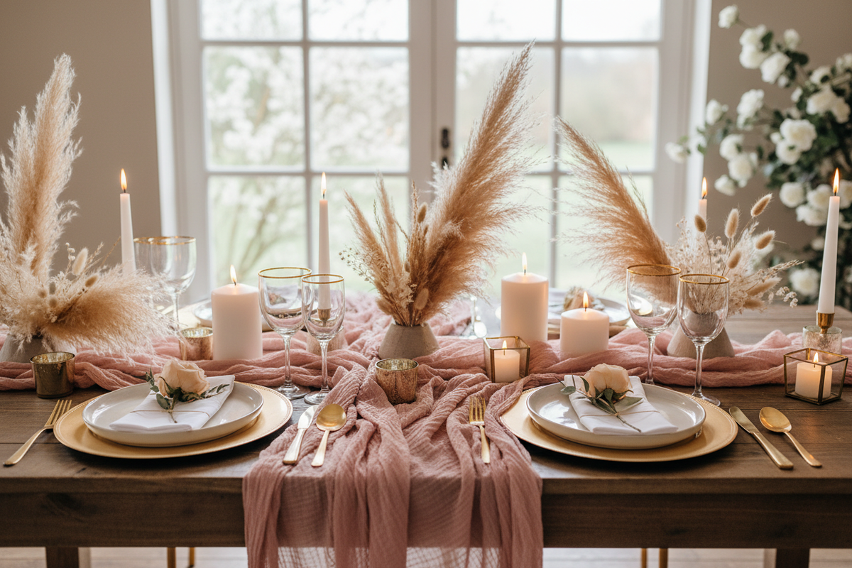 Wedding table decor on any budget - cheesecloth table runner, pampas grass and candles for elegant boho wedding styling