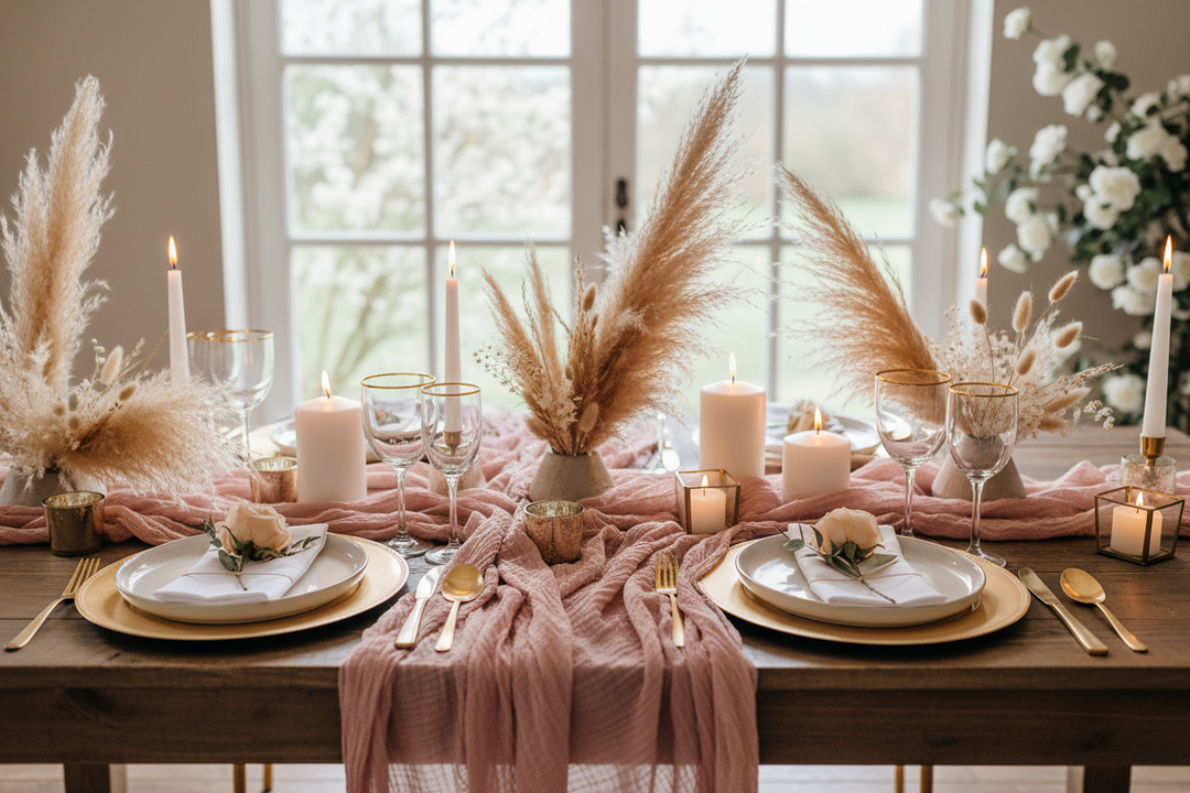 Wedding table decor on any budget - cheesecloth table runner, pampas grass and candles for elegant boho wedding styling
