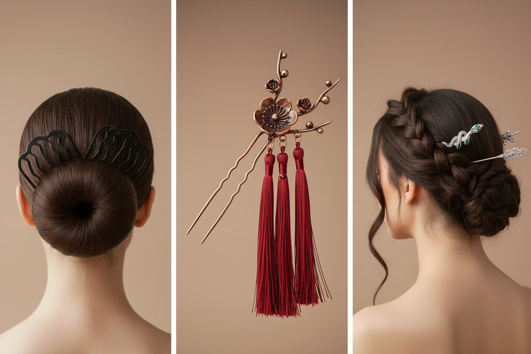Cultural hair accessories for every occasion - vintage U-shape combs, plum blossom tassel hairpin and snake hair sticks