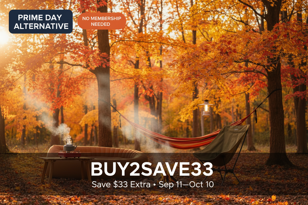 Fall Camping Gear Sale - Camping Chair Hammock Lantern and Stove in Autumn Forest - BUY2SAVE33 Prime Day Alternative at ifuli.com