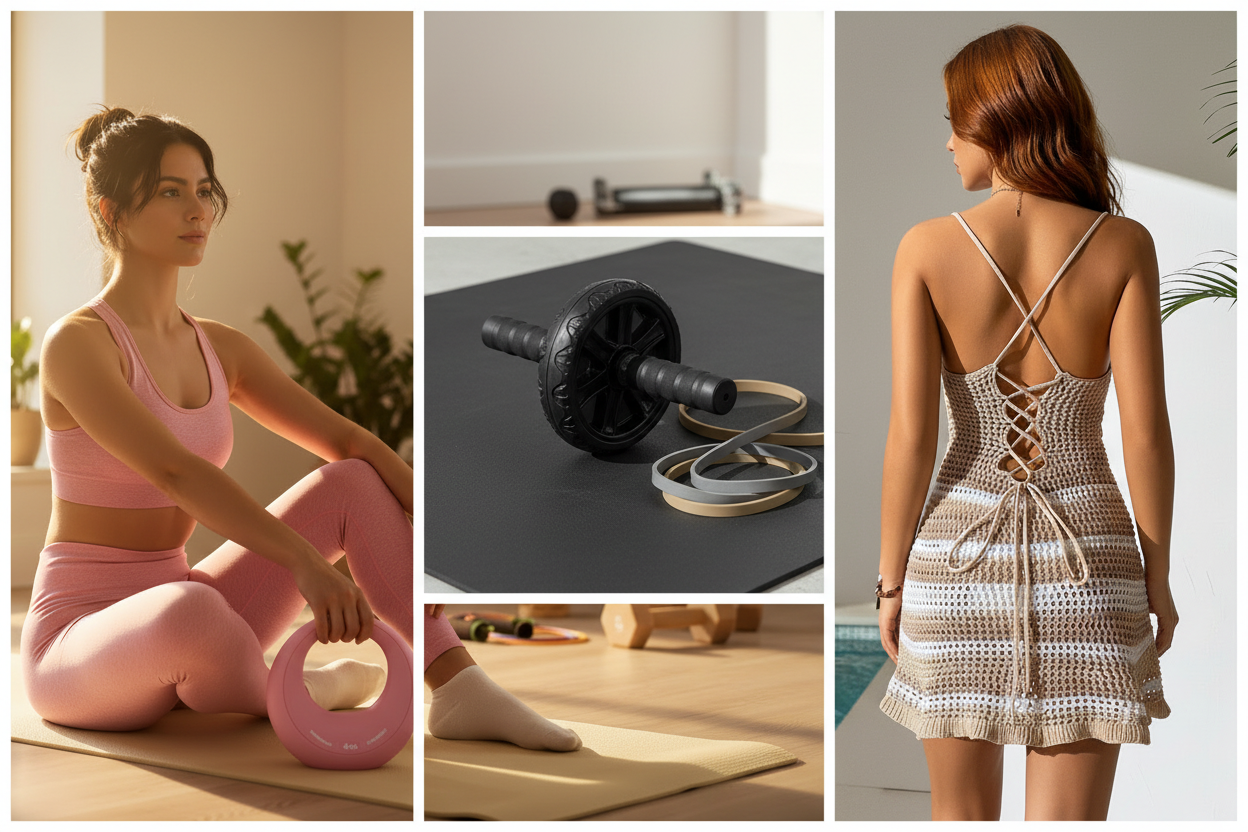 Labor Day 2026 fitness and style bundle - ab roller, dumbbells, resistance bands and women's activewear