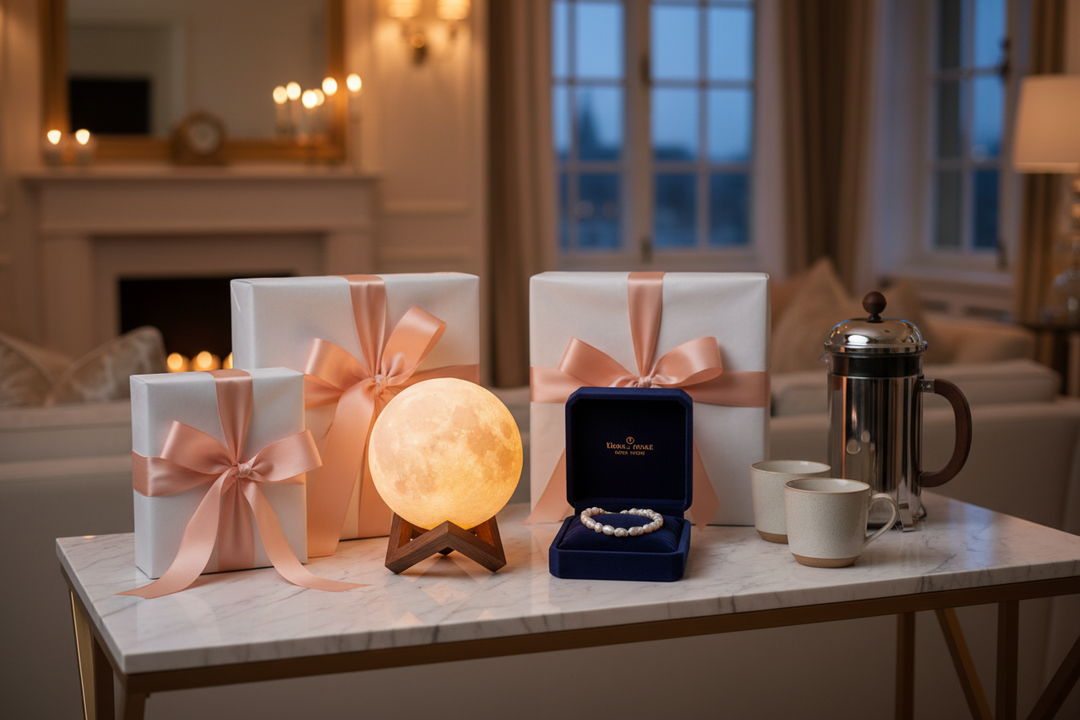 Labor Day 2026 gift guide - pearl bracelet, levitating moon lamp and French press as meaningful gifts