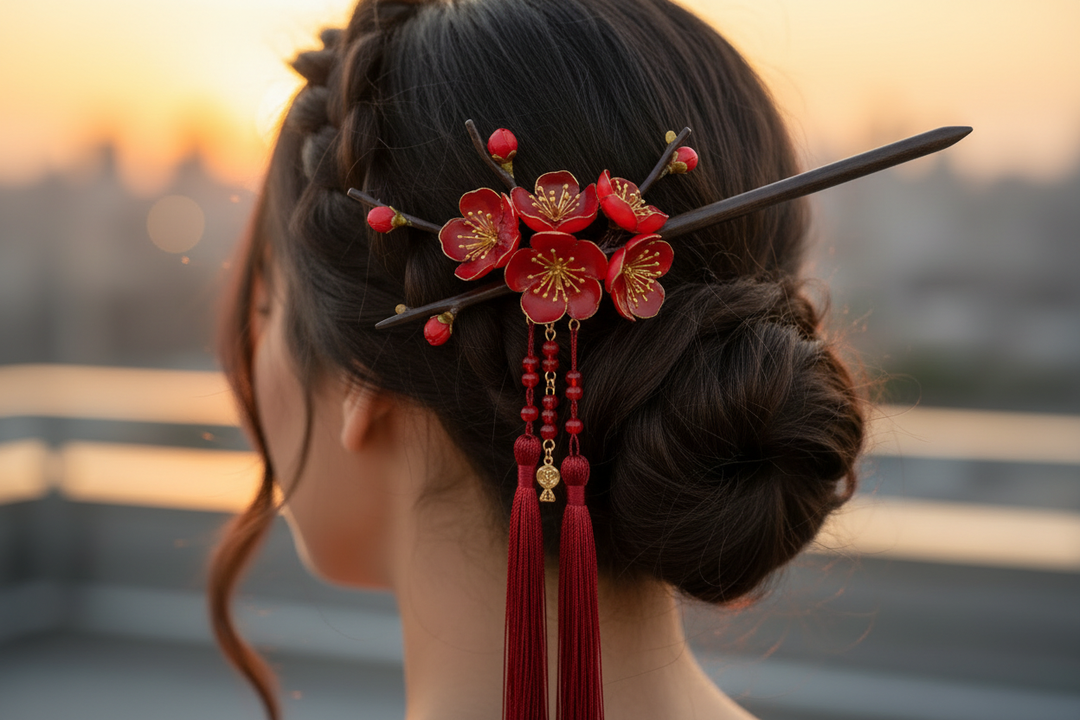 Three elegant hair accessories for buns and updos - silver snake hair sticks, vintage U-shape combs and plum blossom tassel hairpin