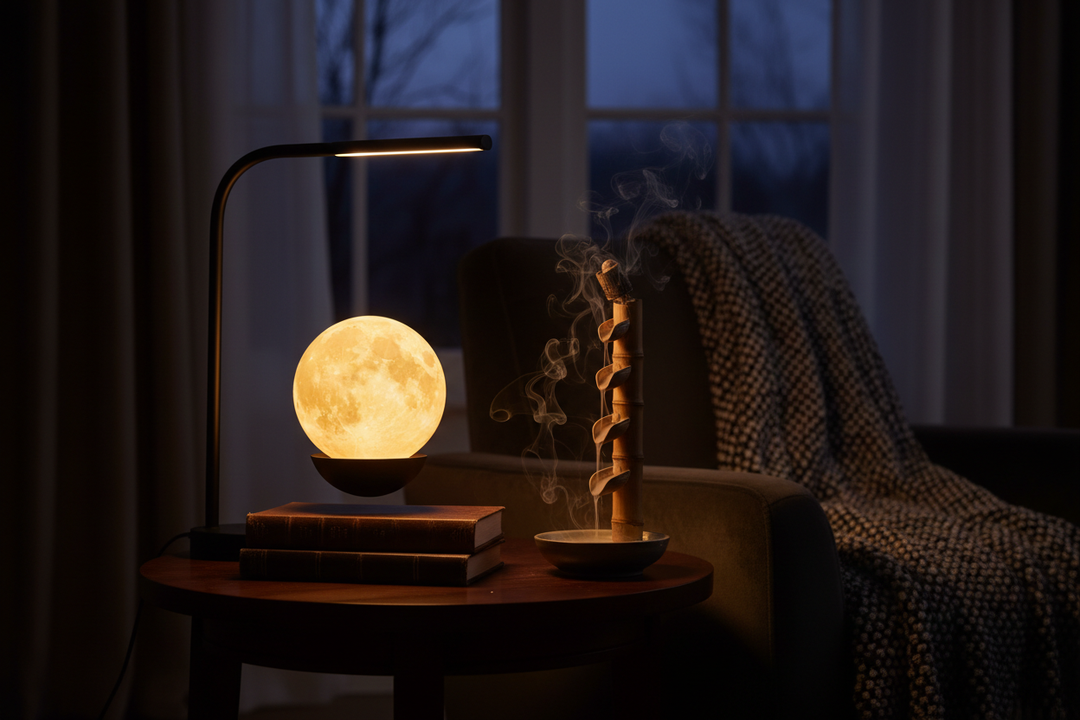 Home atmosphere setup - levitating moon lamp, LED desk lamp and bamboo incense burner creating a cozy evening ambiance