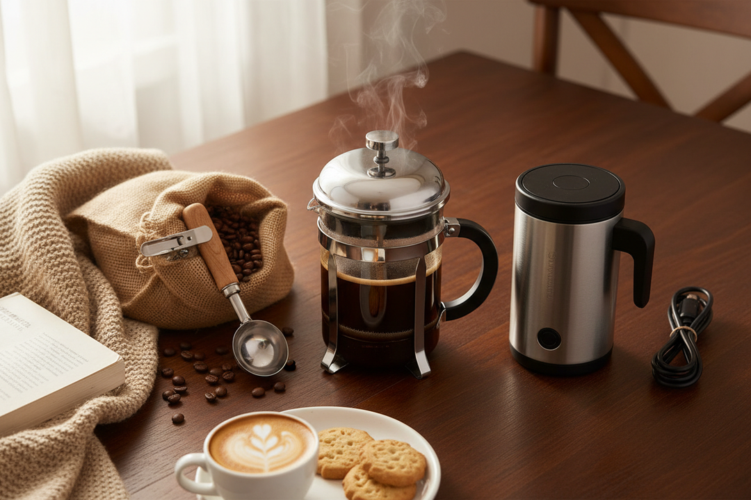Home coffee setup - stainless steel French press, 2-in-1 coffee scoop bag clip and portable car coffee maker