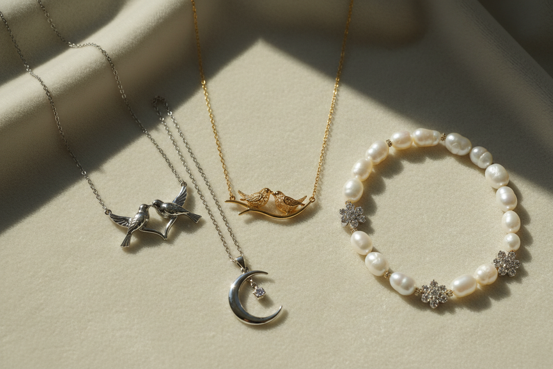 Light luxury jewelry gift collection - birds necklace, love birds necklace, moon crescent pendant and freshwater pearl