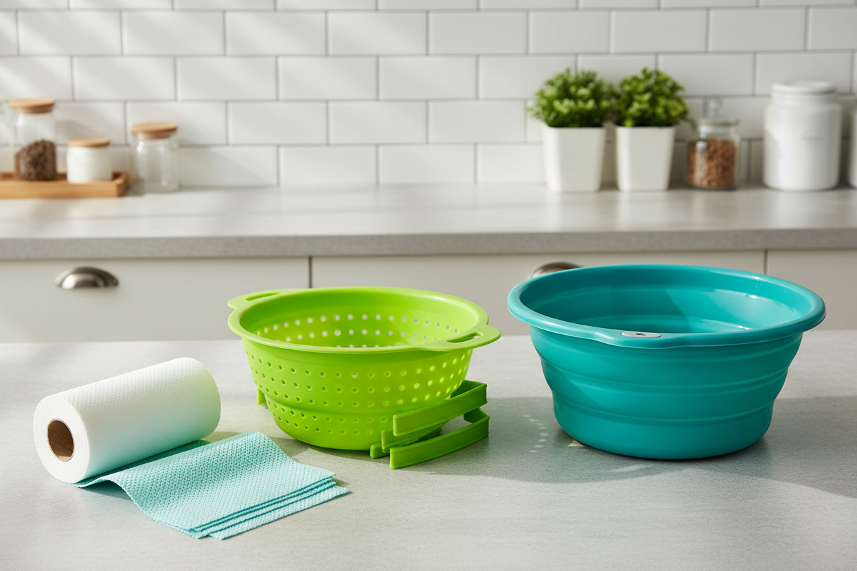 Kitchen cleaning system - microfiber cleaning rags roll, collapsible silicone drain basket and foldable wash basin
