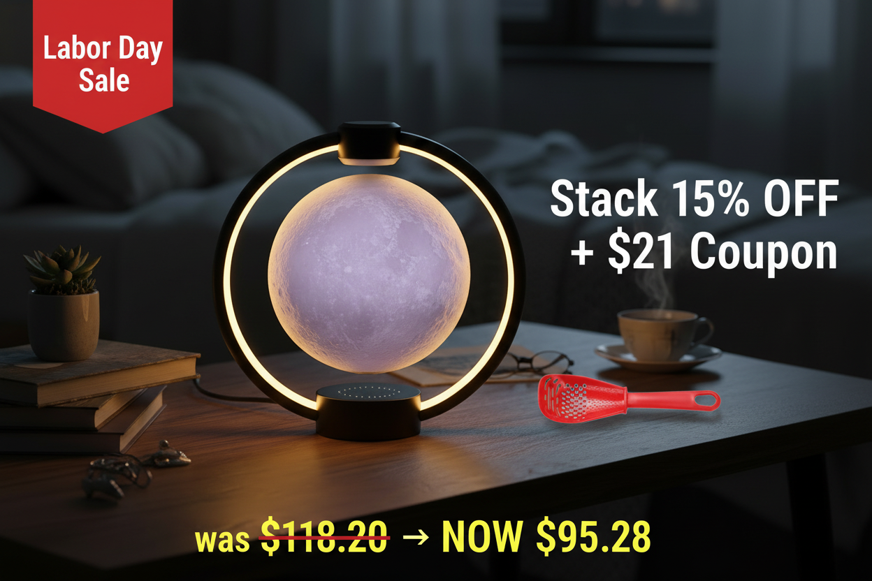 Maglev levitating moon lamp with black ring base beside red 5-in-1 kitchen spoon - Labor Day sale stack 15% off plus $21 coupon final price $95.28