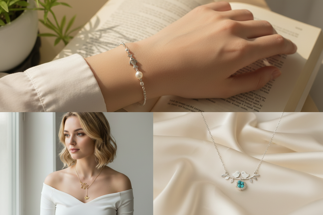 Light luxury jewelry gift guide - sterling silver fish pearl bracelet, birds on branch necklace and love birds necklace