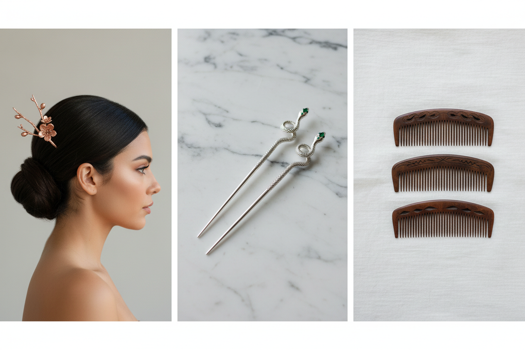 Minimalist hair accessories - plum blossom hairpin, silver snake hair sticks and vintage U-shape combs for effortless chic