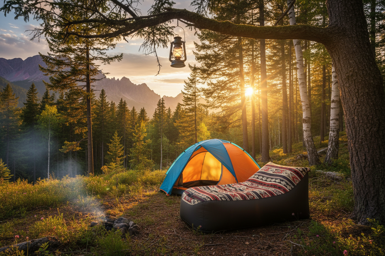 Labor Day 2026 outdoor bundle - camping tent, LED lantern and inflatable air sofa for active living
