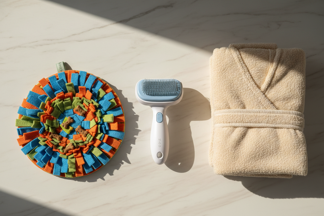 Pet grooming essentials - spray brush, microfiber bathrobe and snuffle mat for dogs and cats