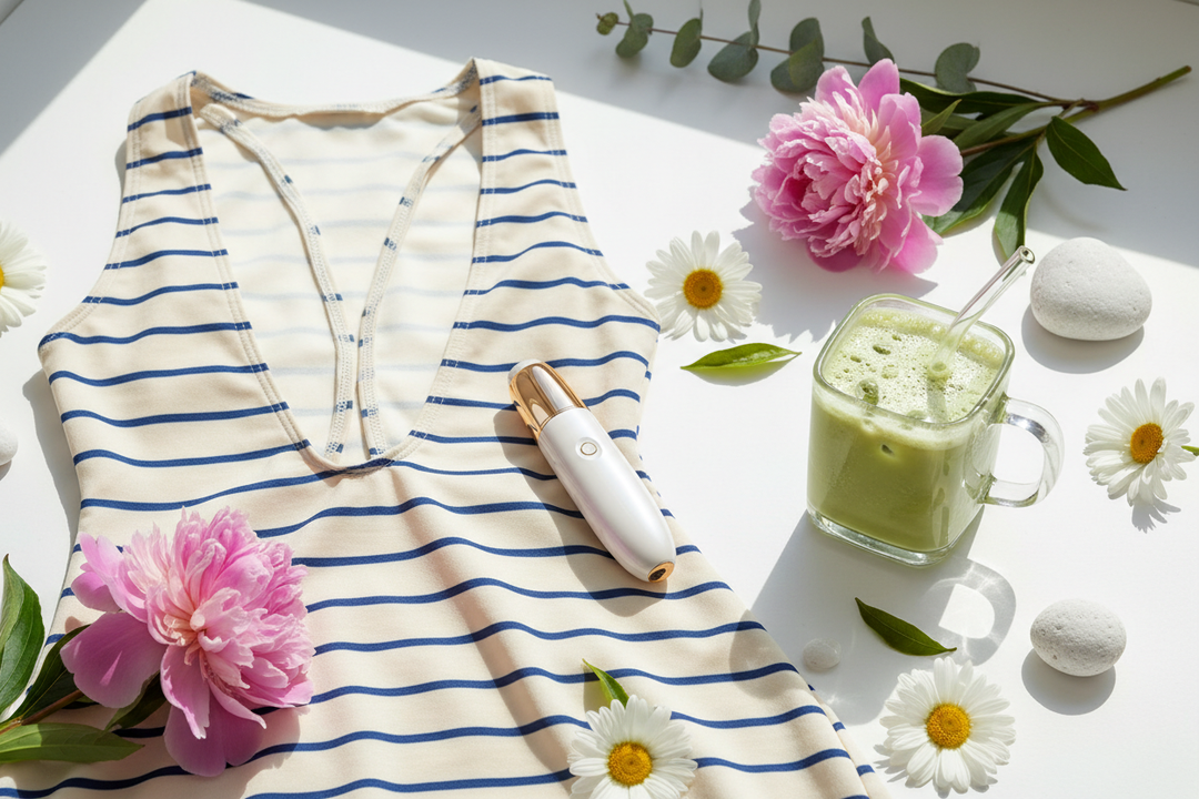 Summer self-care essentials - painless eyebrow trimmer, striped bikini cover-up dress and cube glass mug with iced
