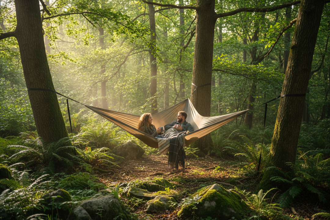 Ultimate outdoor relaxation setup - triangle multi-person hammock, folding camping chair with canopy and bohemian