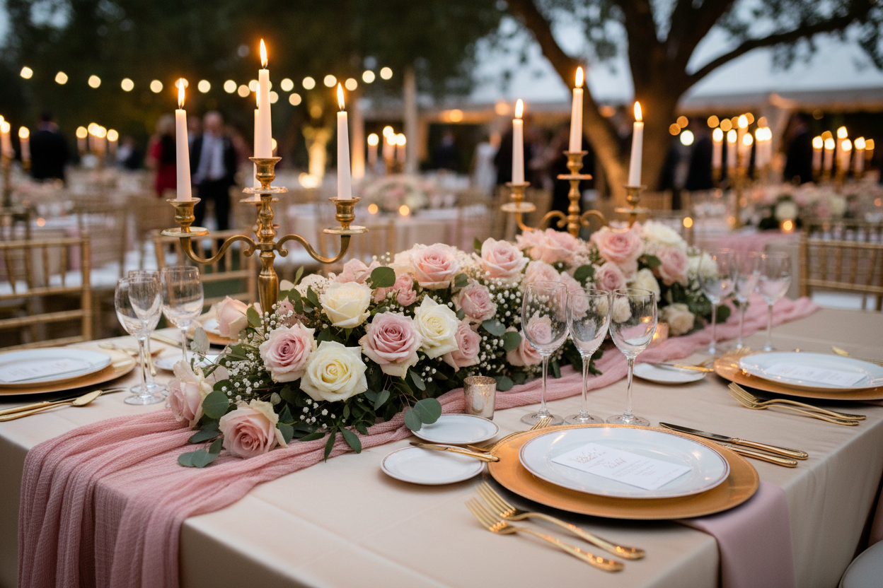 Dusty pink cheesecloth table runner styled with pampas grass and candles for boho wedding