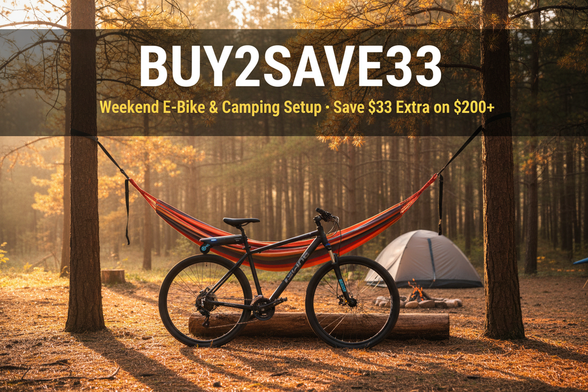 Weekend e-bike camping setup with hammock and BUY2SAVE33 sale