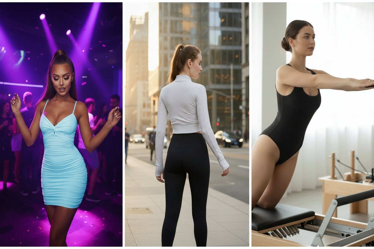 Women's versatile fashion - ruched bodycon mini dress, slim yoga jacket and knitted yoga bodysuit from workout to night