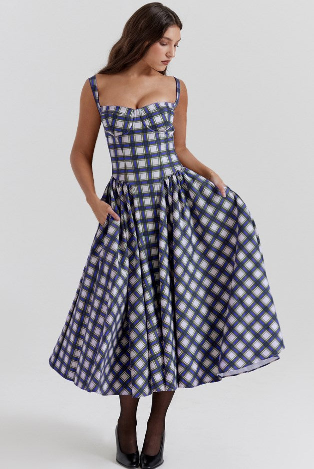 French Style Plaid Summer Dress | Polyester Tartan Dress S–XL in 4 Colors