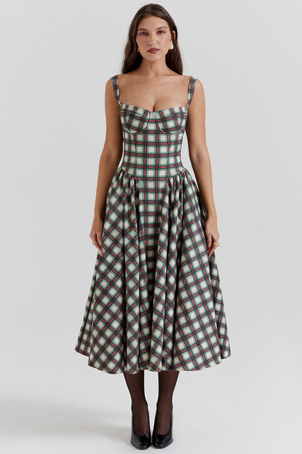 French Style Plaid Summer Dress | Polyester Tartan Dress S–XL in 4 Colors