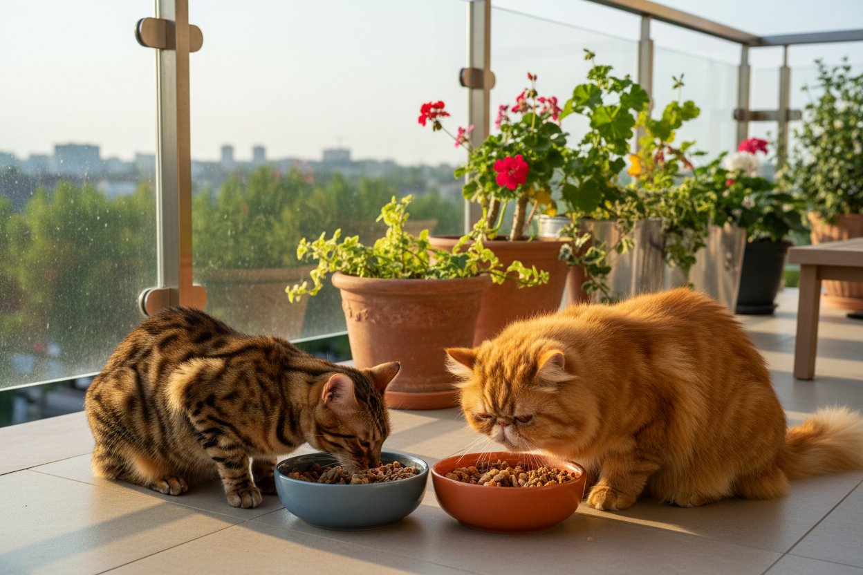 帮我生成3张豹猫和加菲猫在阳台边一起吃猫粮的场景图片