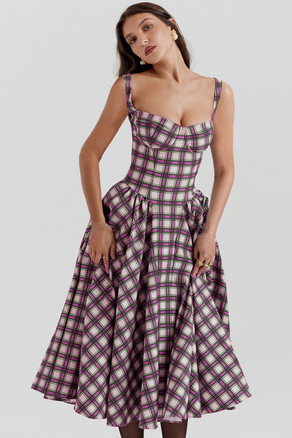French Style Plaid Summer Dress | Polyester Tartan Dress S–XL in 4 Colors