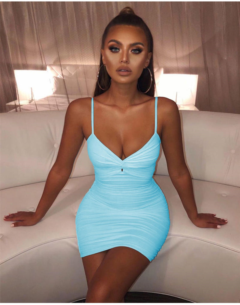 Ruched Bodycon Mini Dress | Deep V Neck Party Dress in Red Blue Beige S–XL