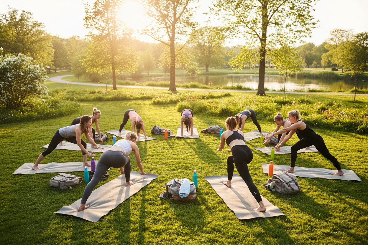 帮我生成3张图片，几个欧美白种人在户外铺的瑜伽垫上做瑜伽，瑜伽垫边上摆着几个不同颜色的水杯和背包