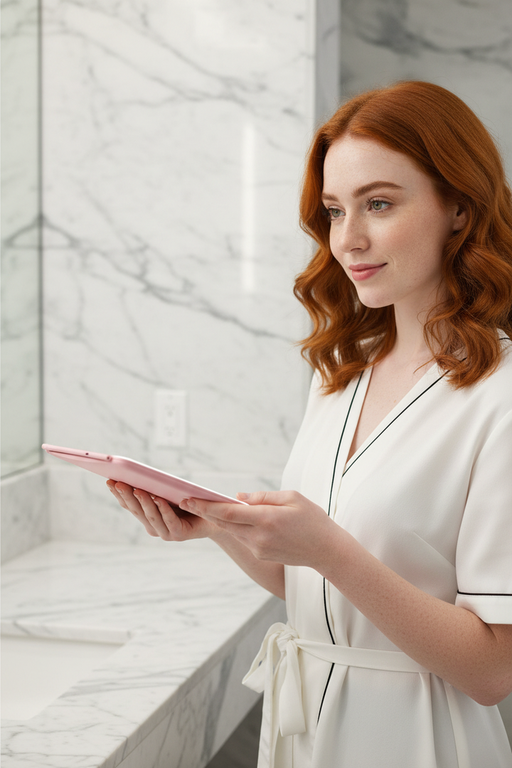 Redhead woman pulling a compact pink LED makeup mirror from a makeup bag on a hotel bathroom counter