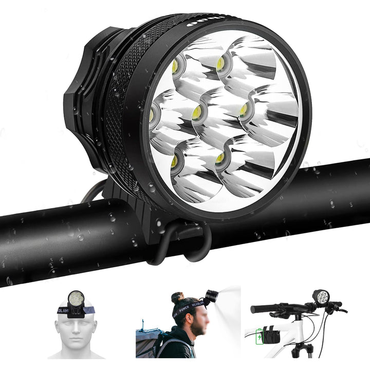 A black waterproof LED bicycle headlight mounted on a black handlebar, shown against a white background with three small inset images at the bottom demonstrating use on a mannequin head, worn by a person, and mounted on a bike.