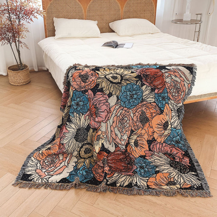 Bohemian Picnic Blanket &amp; Outdoor Mat | Cotton Floral Woven Throw 130×160cm