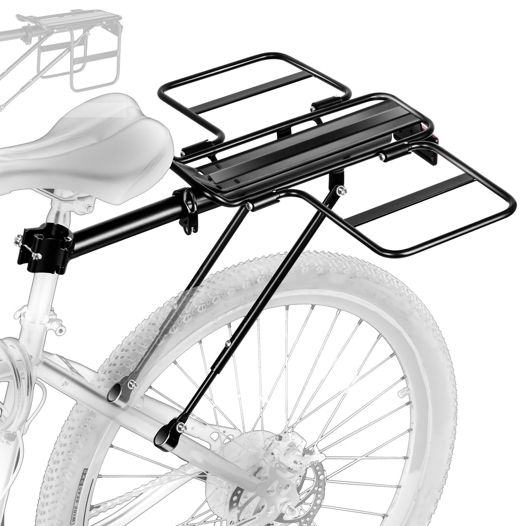 Bicycle with a black rear rack on a white background