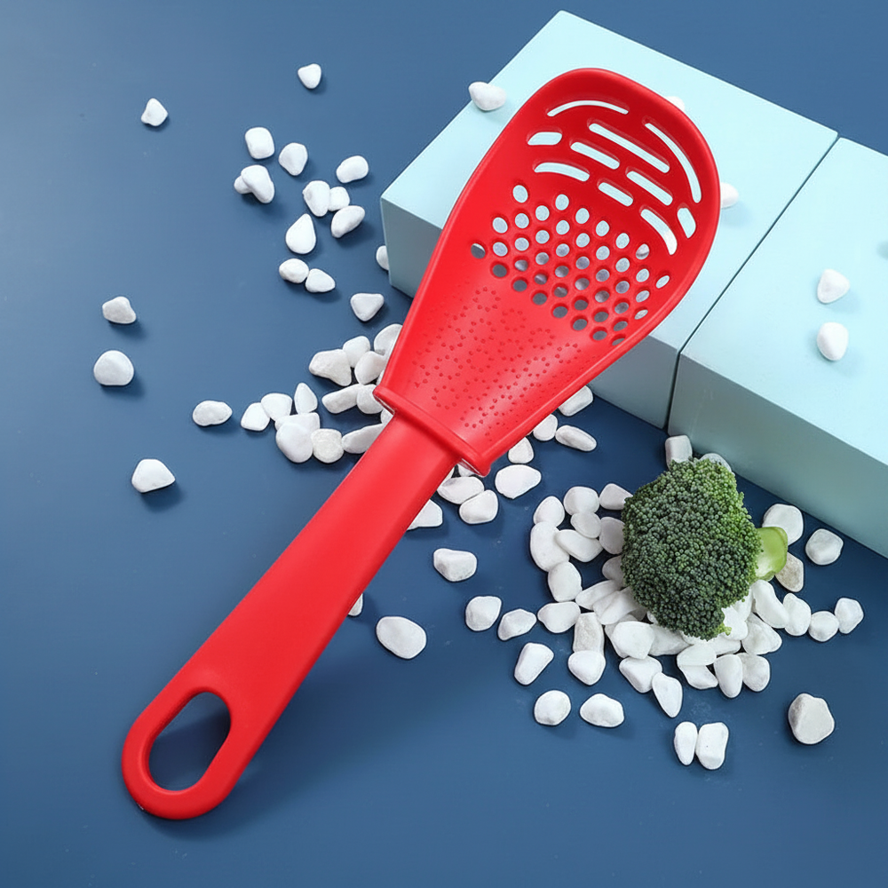 5-in-1 red kitchen spoon with perforated scoop
