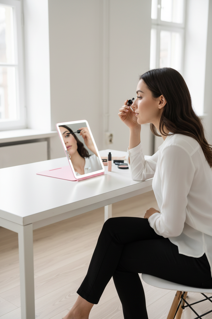 Brunette woman applying mascara using a slim white LED makeup mirror on a minimalist desk - face reflection visible