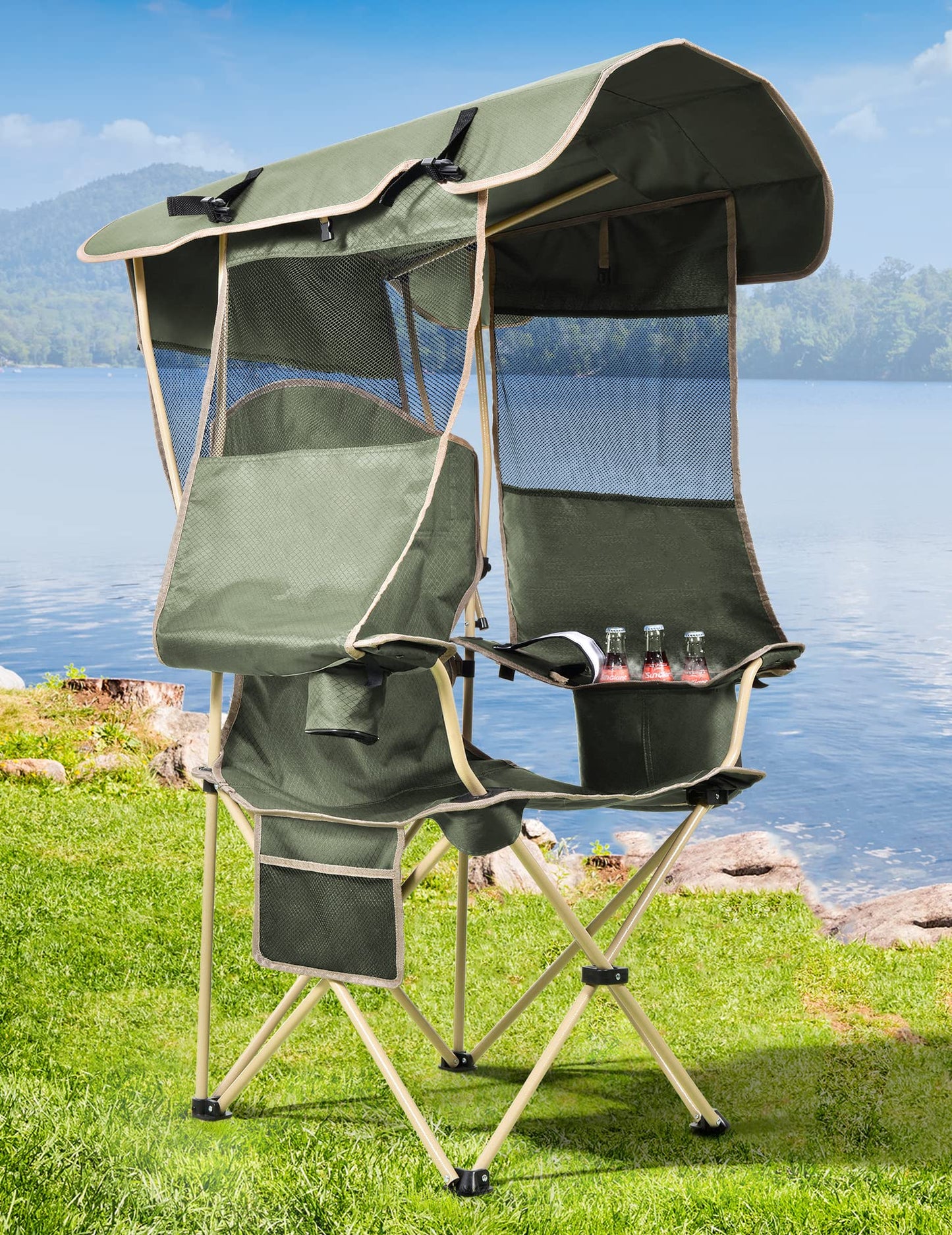 Folding Camping Chair with Shade Canopy, Cup Holder & Side Pocket – 330 LBS Capacity