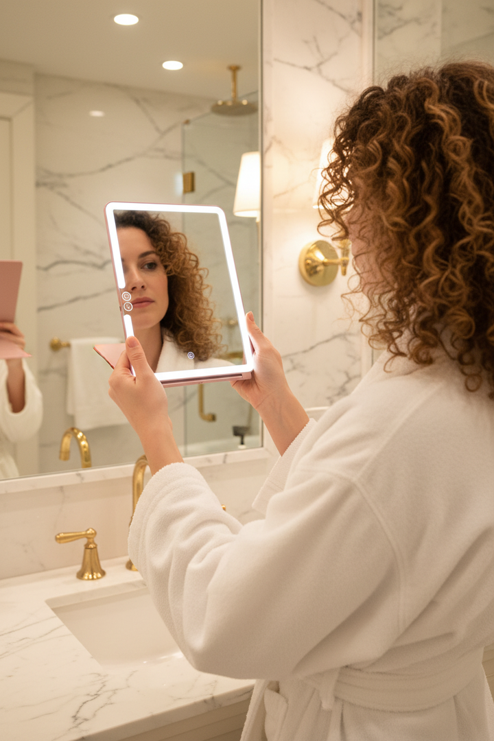 Curly-haired woman in white bathrobe holding open LED makeup mirror in luxury marble bathroom
