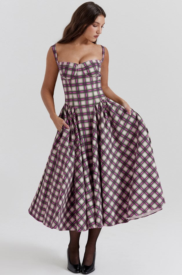 French Style Plaid Summer Dress | Polyester Tartan Dress S–XL in 4 Colors