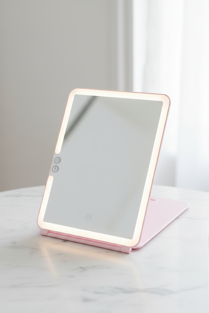 Slim white iPad-shaped LED makeup mirror standing upright on marble vanity surface with glowing LED border